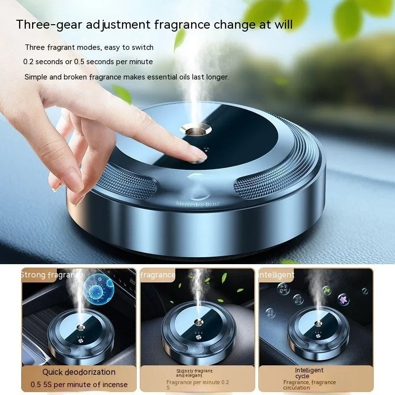 Automatic car air freshener diffuser with zinc alloy shell, three fragrance oils, and USB charging cable