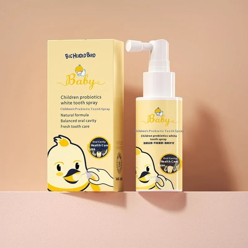 Children's probiotic teeth cleaning spray bottle in strawberry and orange flavours