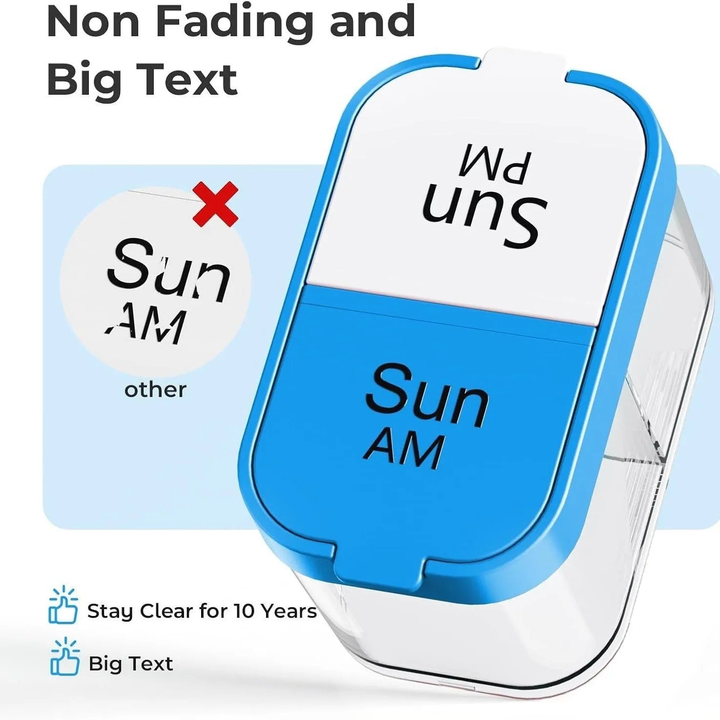 Large white and rainbow coloured pill organiser box with 14 detachable compartments showing its size.