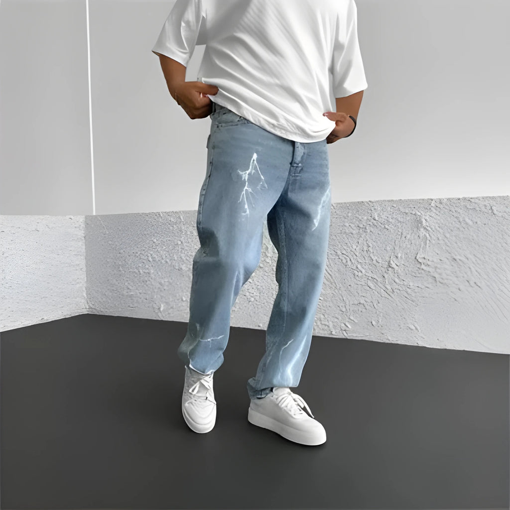 Men's blue straight-leg denim jeans with wide-leg silhouette and mid-waist design