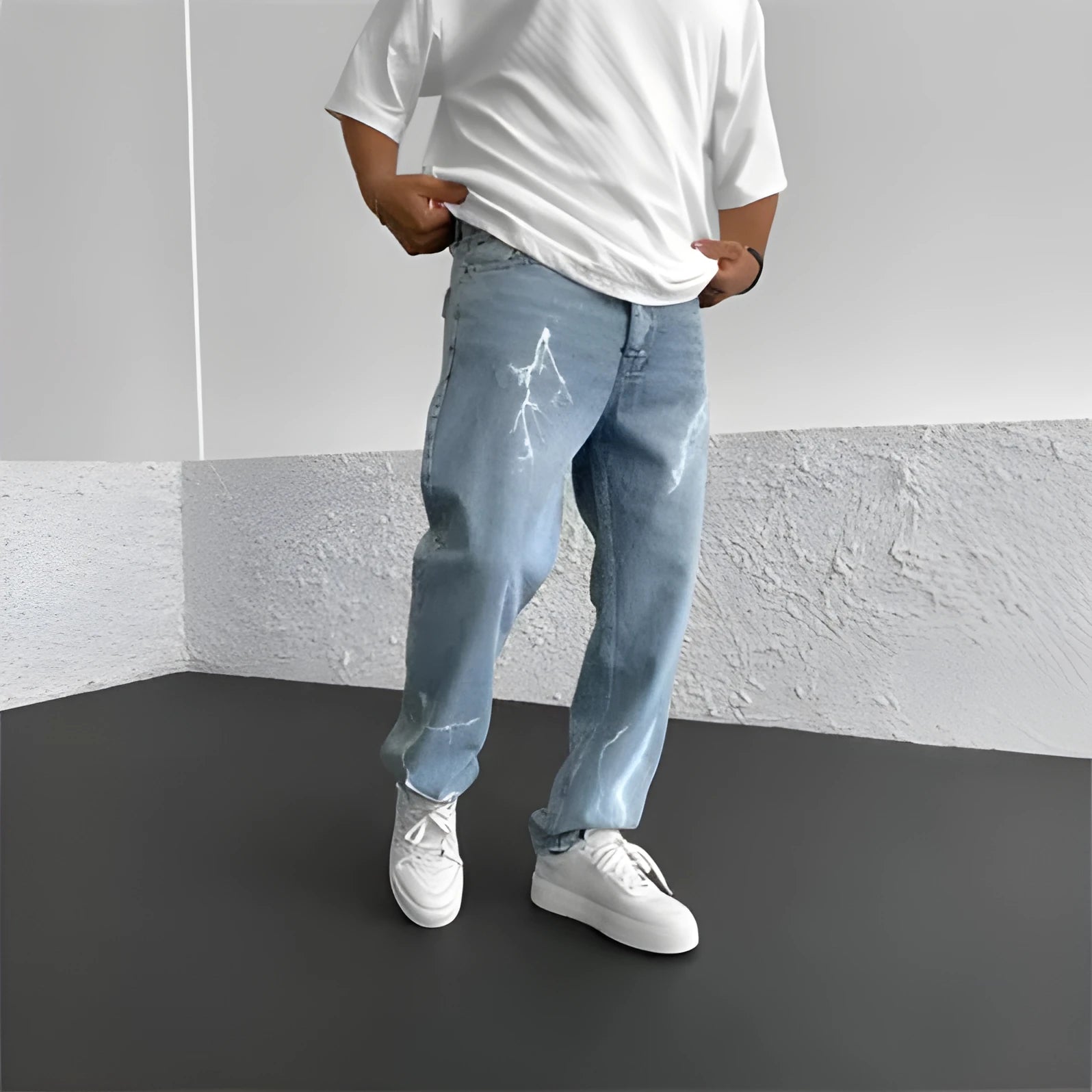 Men's blue straight-leg denim jeans with wide-leg silhouette and mid-waist design