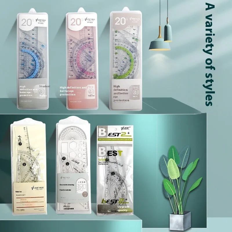 Youpai transparent acrylic ruler set with square and protractor on lined paper