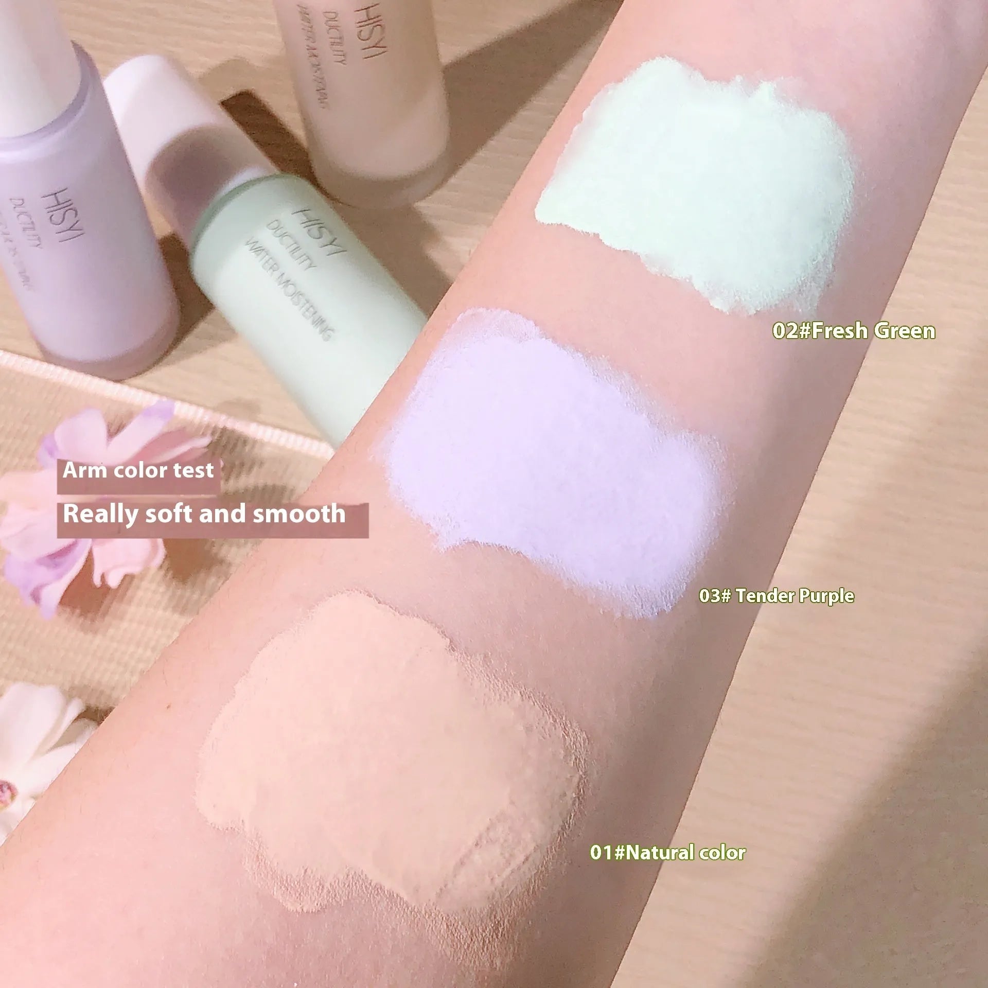HISYI Silky Clear Makeup Primer tube showing brightening gel formula with three shade options 01, 02, 03