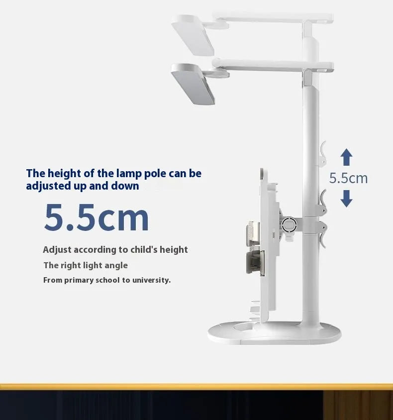 Adjustable multifunctional table lamp with a reading light on a bookshelf, showing dual power and colour temperature controls.