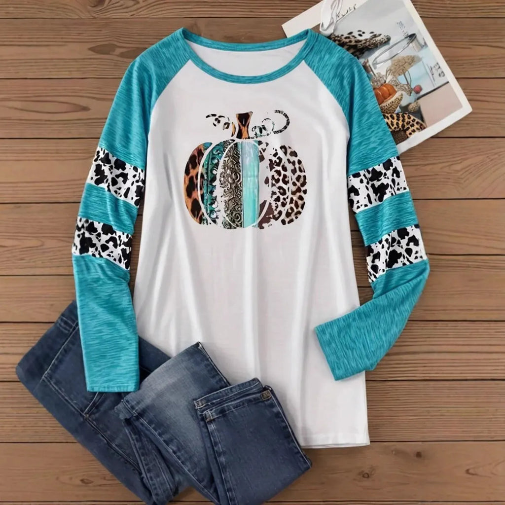 Sky blue Halloween T-shirt with 3D digital printed pumpkin design, long sleeves, regular fit
