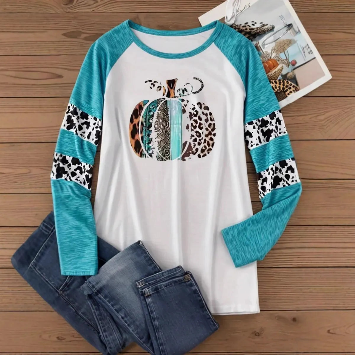 Sky blue Halloween T-shirt with 3D digital printed pumpkin design, long sleeves, regular fit