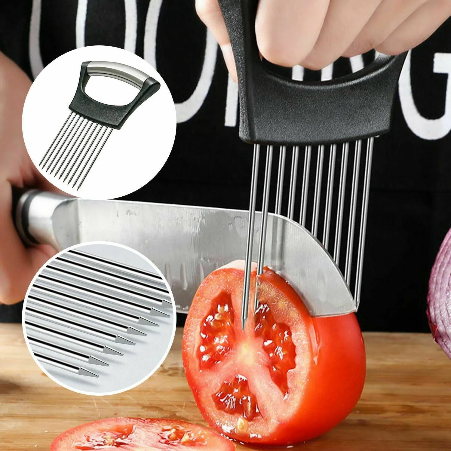 Stainless steel and ABS food slice assistant for onions and tomatoes on a kitchen worktop.