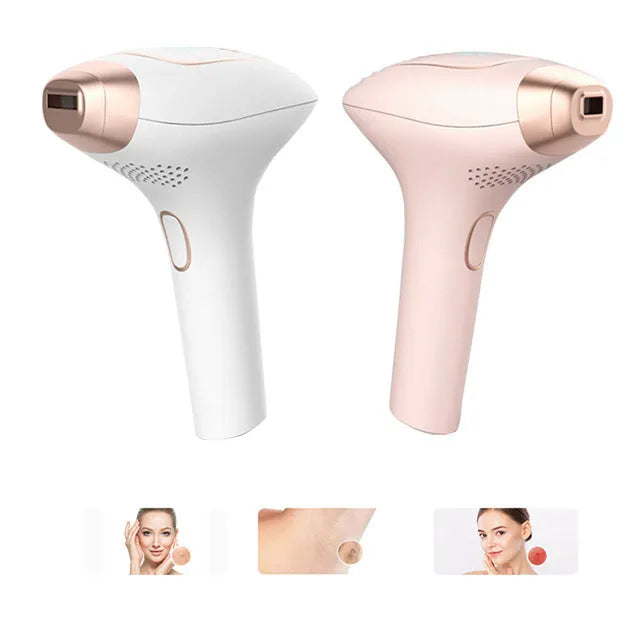 Pink and white laser hair removal device with ice-sensing technology and shaver attachment