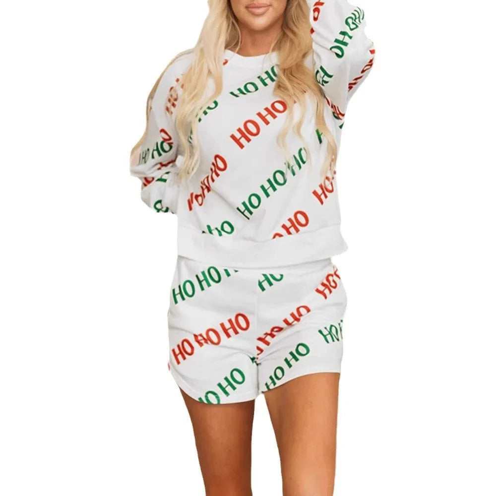 White women's two-piece suit with letters print, long sleeves, and fifth-length trousers in street fashion style