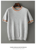 Men's short sleeve wool sweater in round neck pullover style, available in white, grey and black