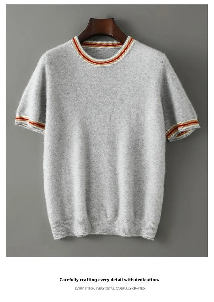 Men's short sleeve wool sweater in round neck pullover style, available in white, grey and black