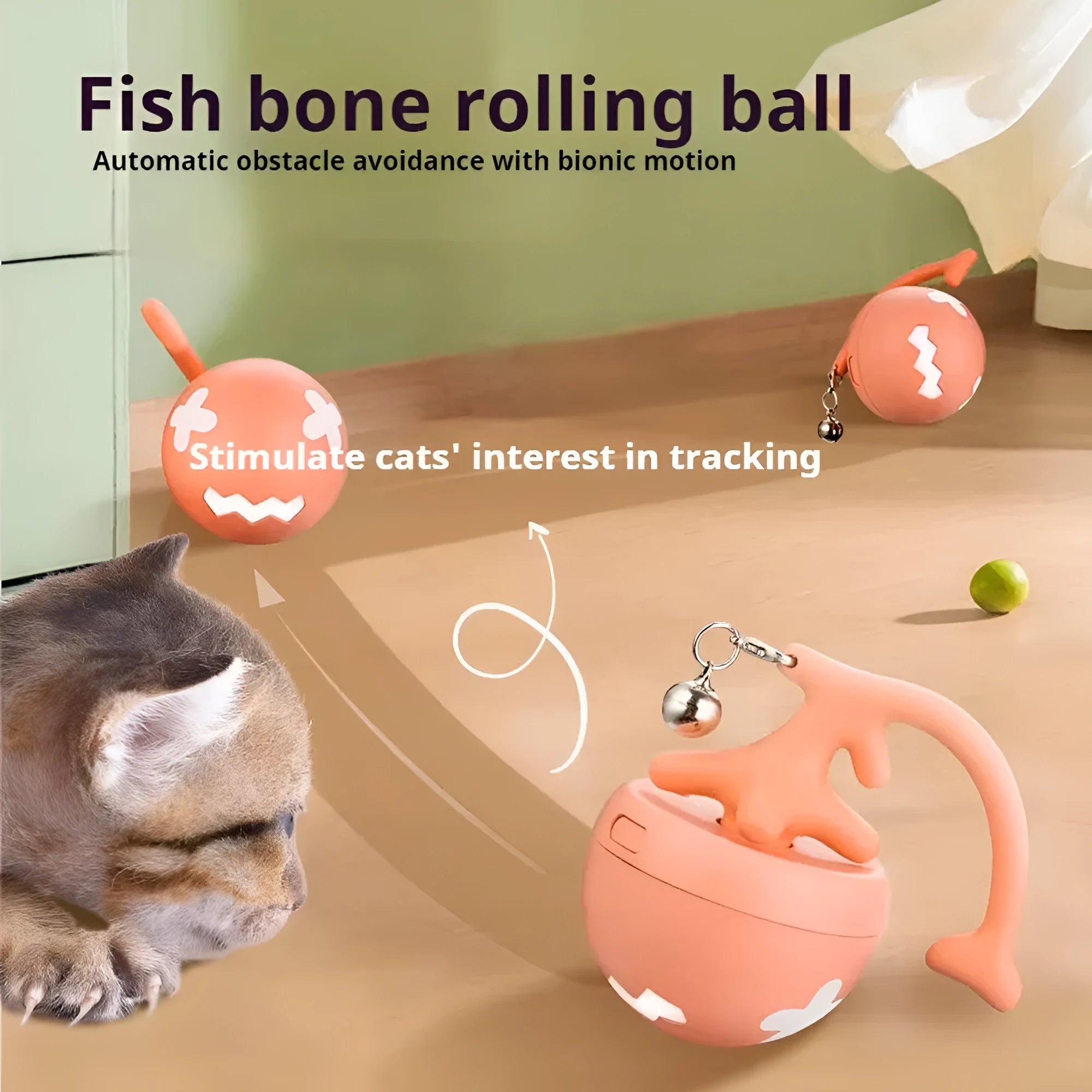 USB electric cat teasing ball with fish bone design in blue, pink or yellow colours