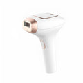Pink and white laser hair removal device with ice-sensing technology and shaver attachment