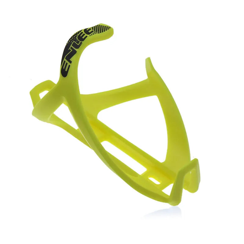 TPR plastic mountain bike water bottle cage in fluorescent yellow showing bottle retention design