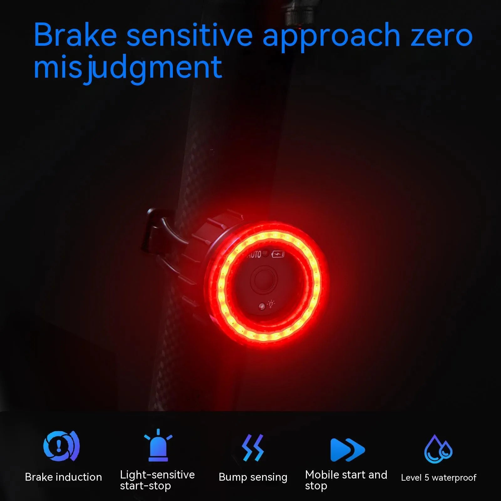 Black intelligent induction brake taillight with aluminium alloy body and seat tube bracket for cycling safety