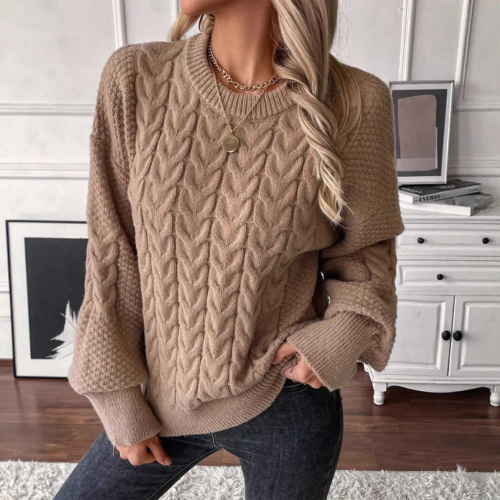 Women's loose casual sweater with twist detail in solid khaki colour