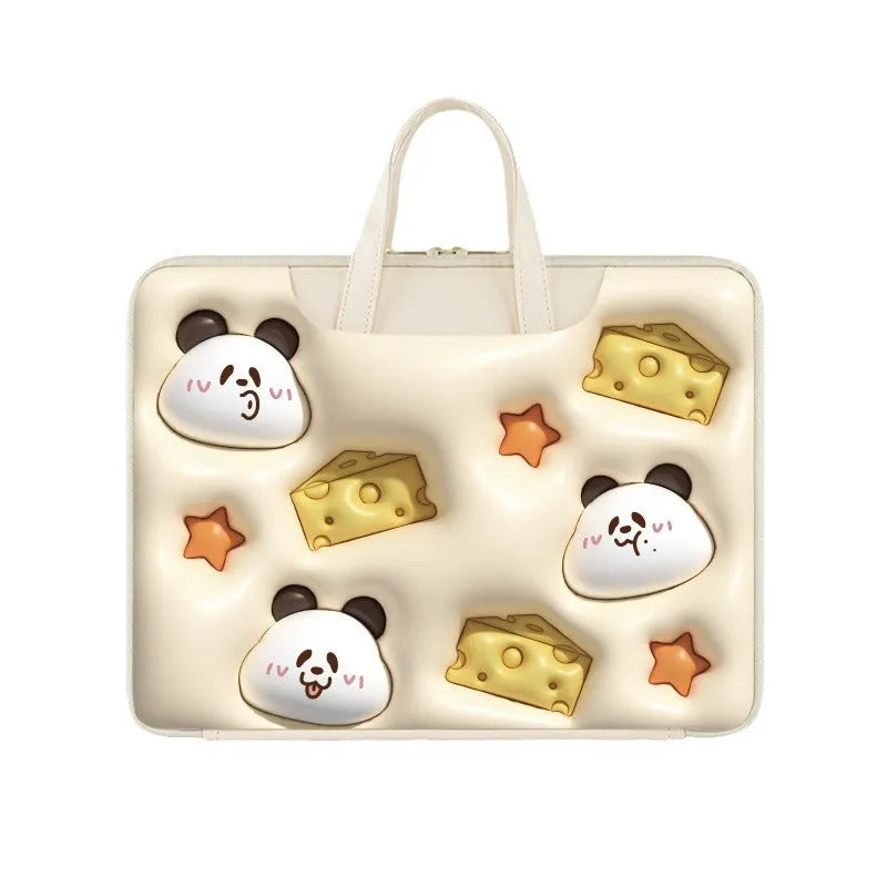 PU leather inflatable laptop bag with suitcase handle strap in a cute panda print design.