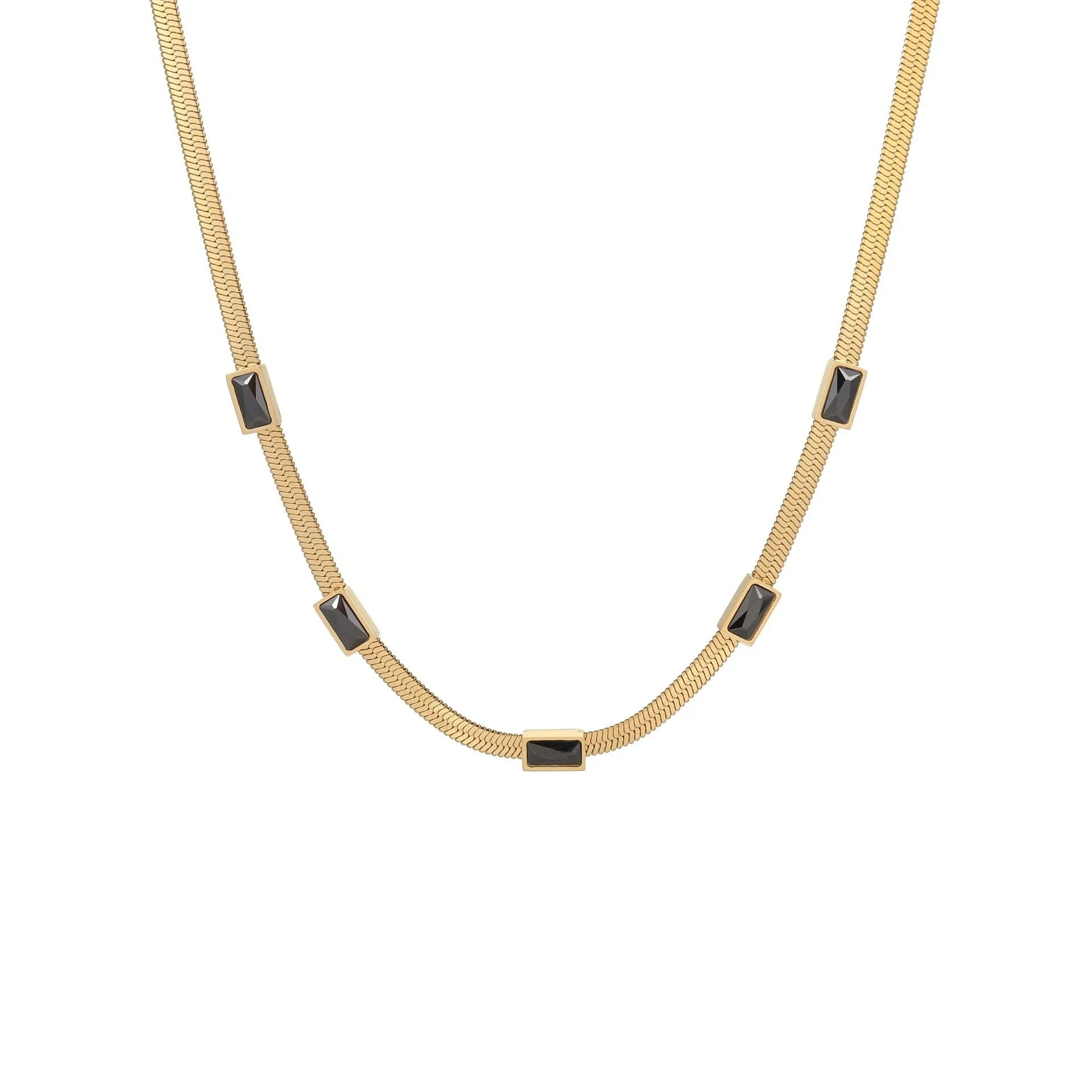 Geometric square zircon necklace on stainless steel flat snake chain in gold or steel finish