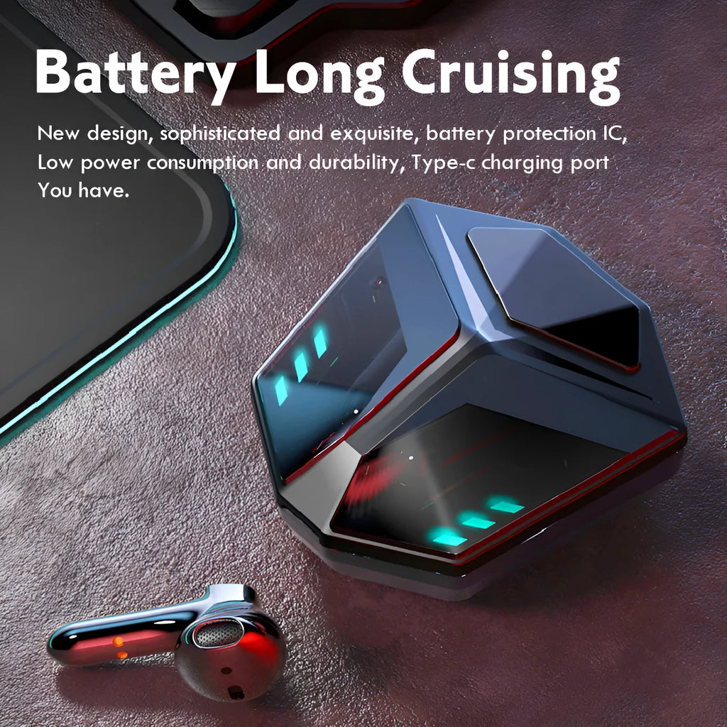Wireless gaming headset with minimalist design showing dimensions and Bluetooth connectivity