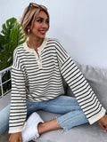 Black striped women's loose casual top with drop-shoulder sleeves and button detail