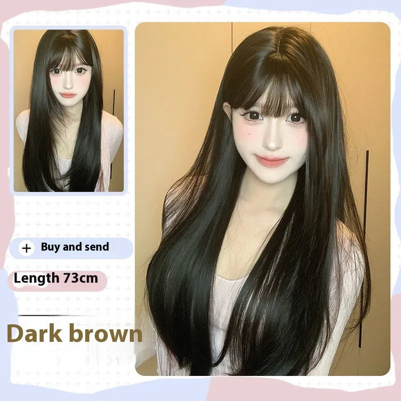 Dark brown long straight full-head wig with fringe made from high temperature synthetic fibre