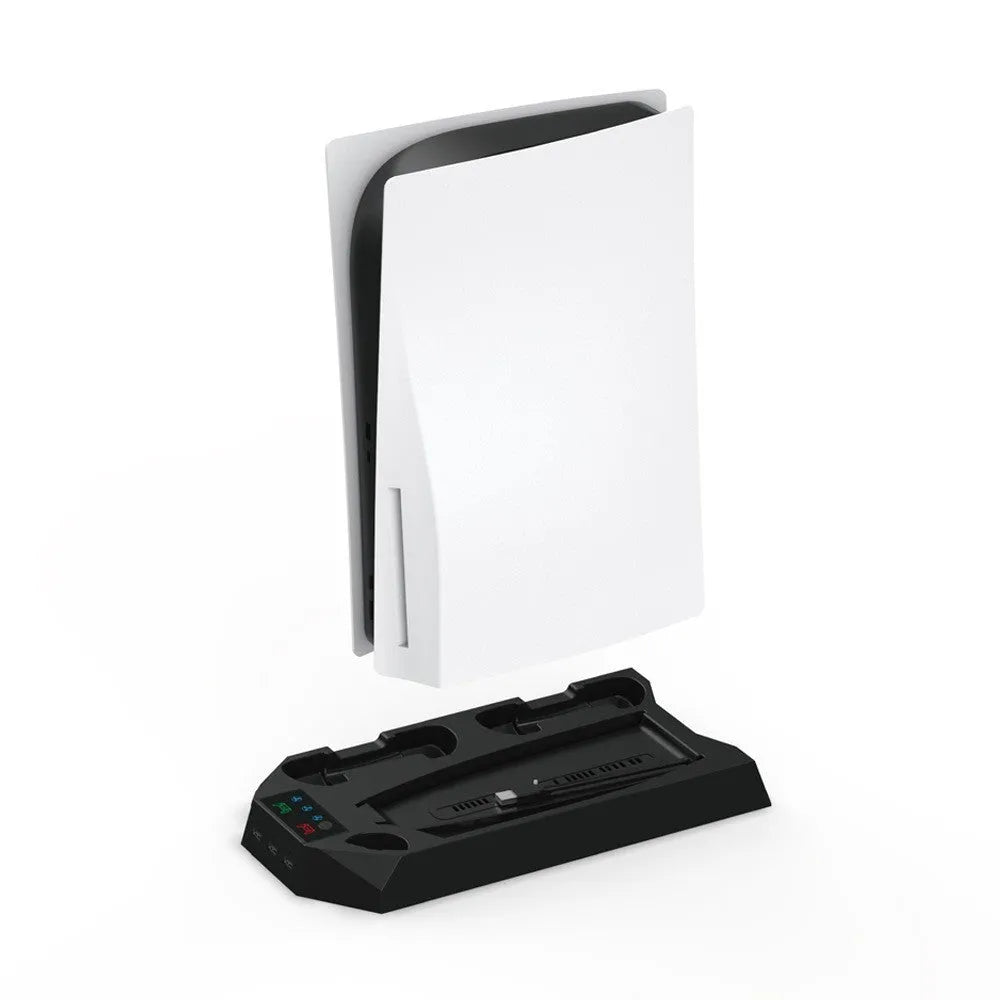 White PS5 charging base radiator with integrated headset hook and direct plug design