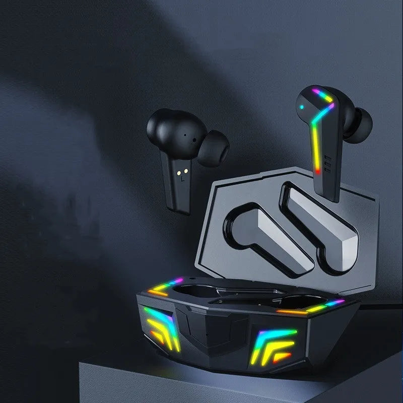 Black low latency TWS Bluetooth sports headset with NFC and earplug design on a dark background.