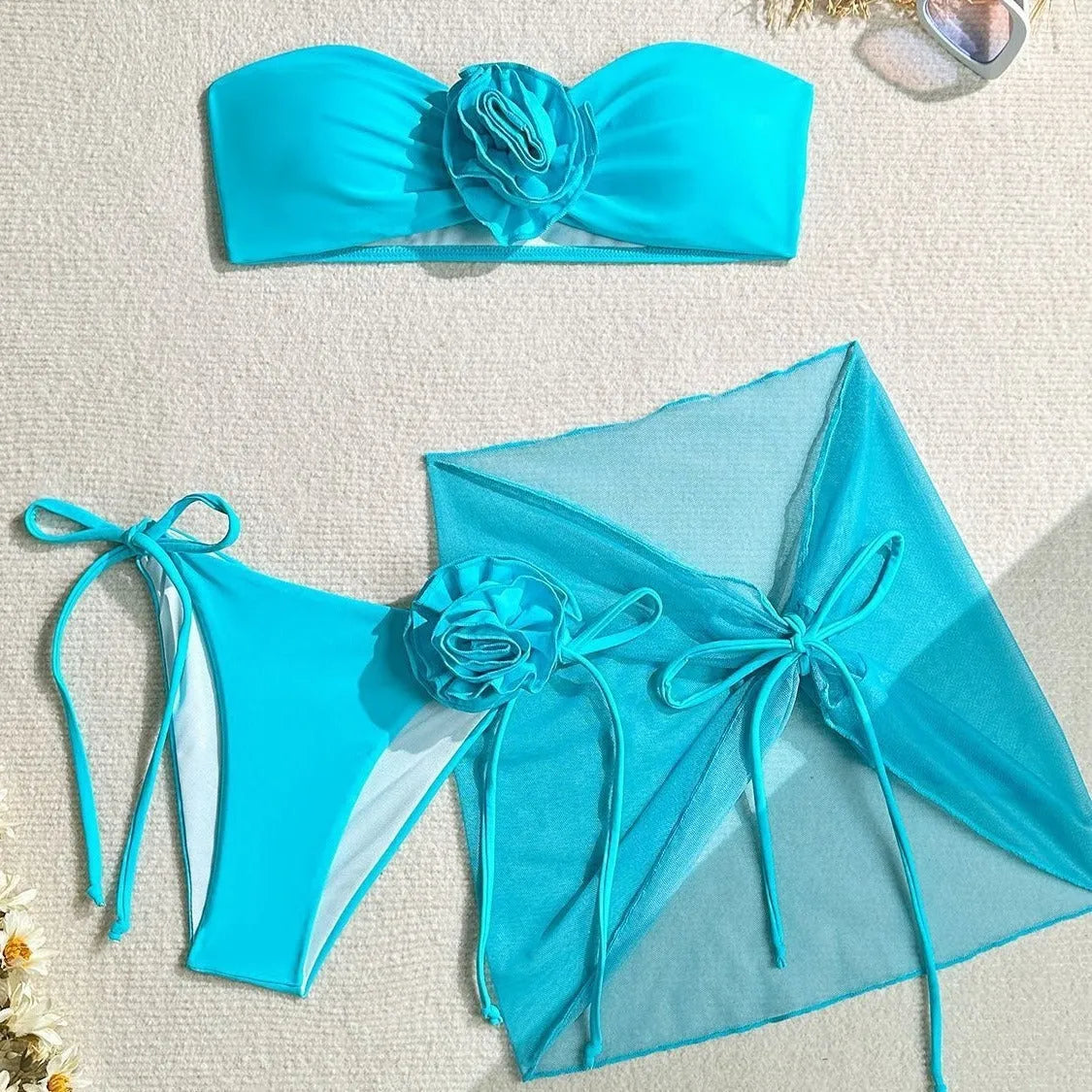 Women's tube top swimsuit with three-dimensional flower tie in blue, pink, or purple