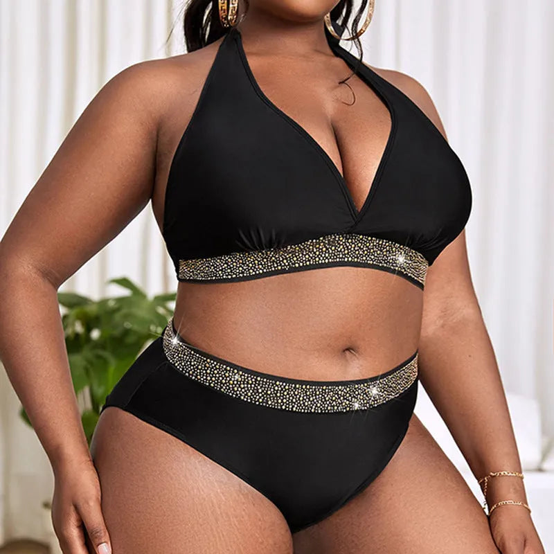 Black plus size women's two-piece polyester bikini swimsuit for swimming and hot spring use