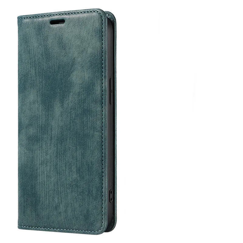 Magnetic leather flip phone case for iPhone in seven colours including grey, lake green, and pink