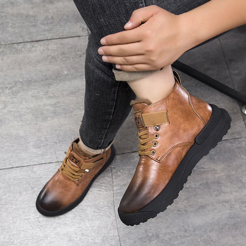 Men's black high-top platform Martin boots with artificial PU upper and rubber sole.