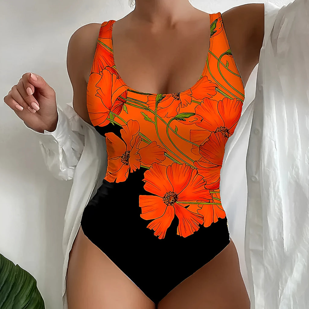Orange floral print backless one-piece swimsuit laid flat, showing slim fit design.