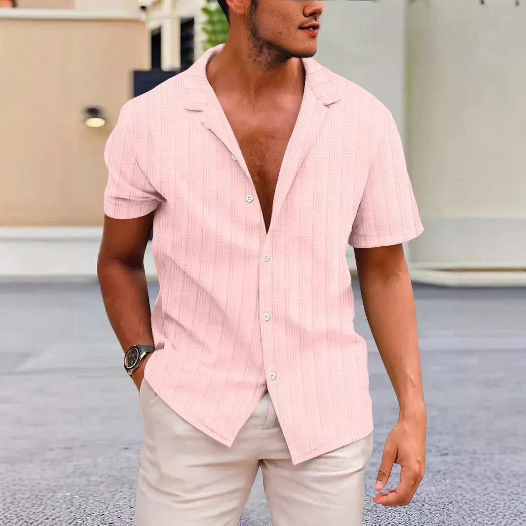 Men's apricot coloured corduroy short sleeve cardigan shirt on a hanger.