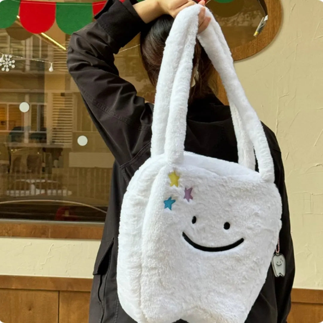 White plush shoulder tote bag with cute teeth design and crossbody strap