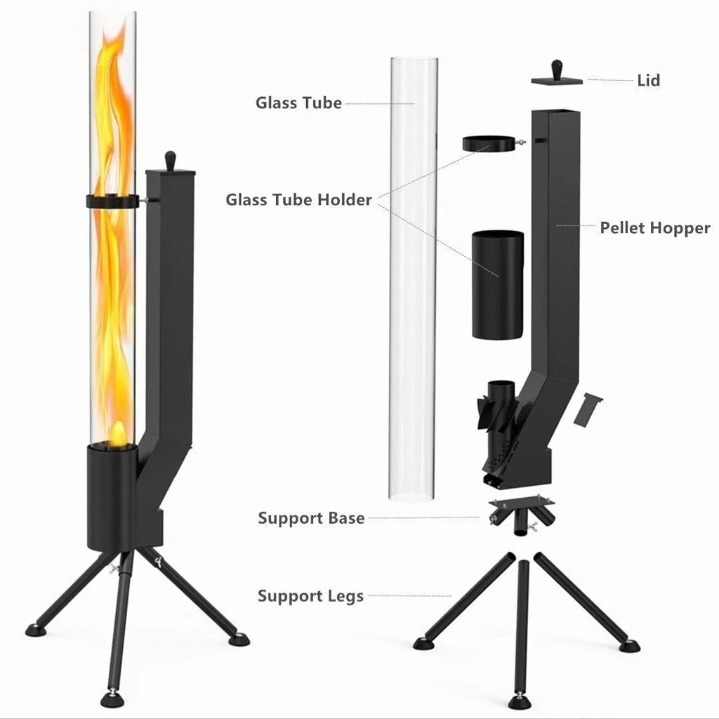 Vertical rocket integrated wood burning heating stove for courtyard installation with iron construction