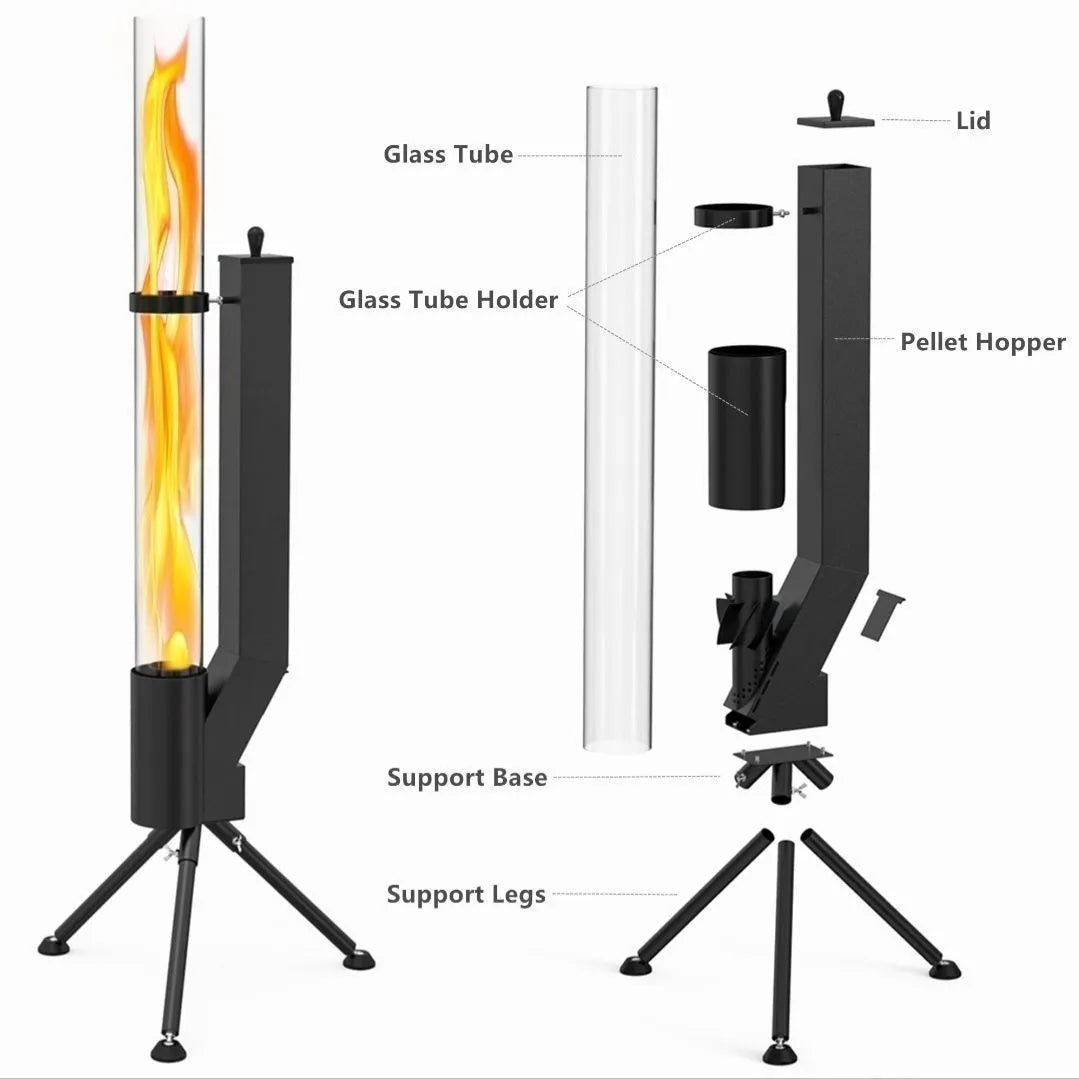 Vertical rocket integrated wood burning heating stove for courtyard installation with iron construction