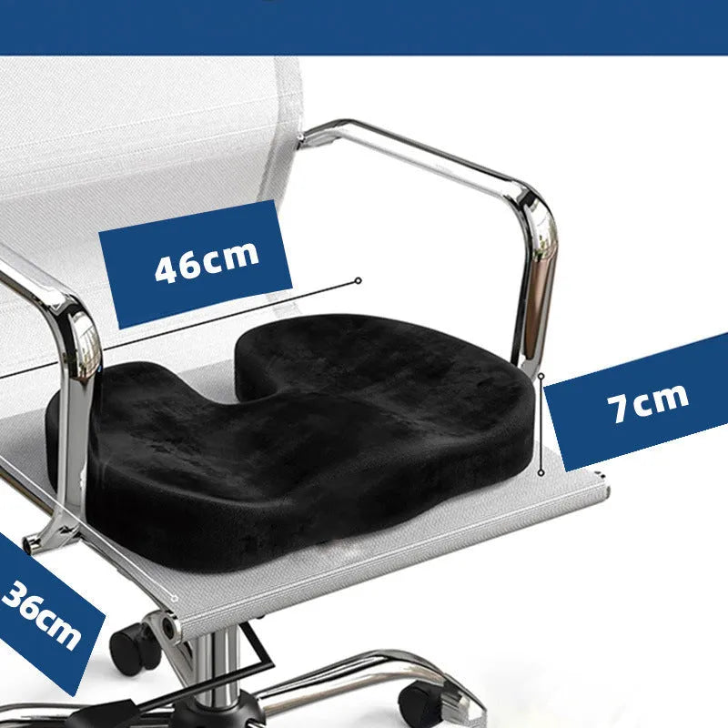 Black flannel memory foam office seat cushion with U-shaped design measuring 46x36x7cm