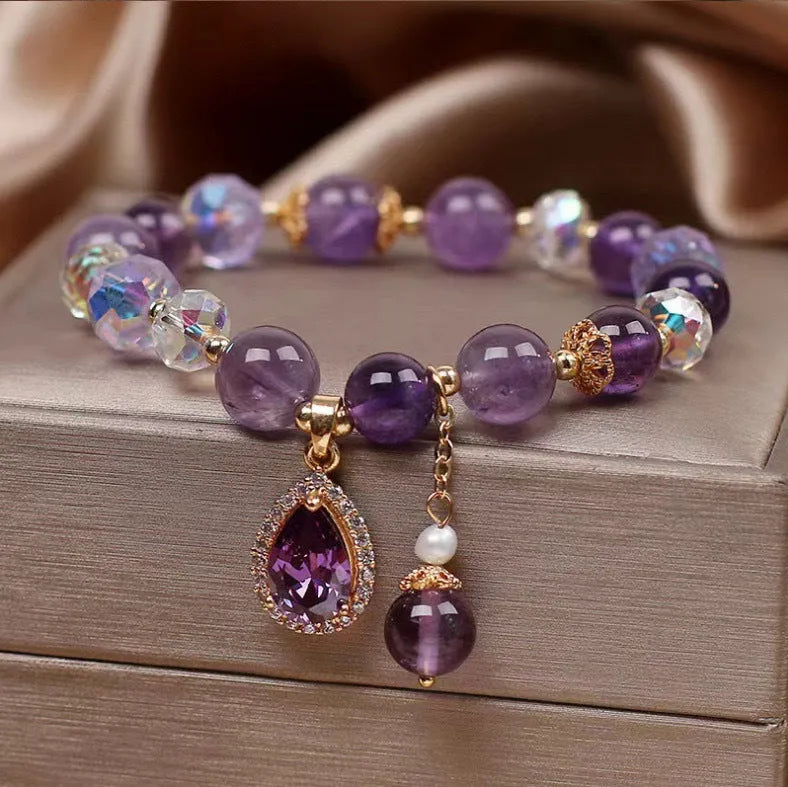 Purple natural amethyst crystal bracelet for women with micro inlay construction.