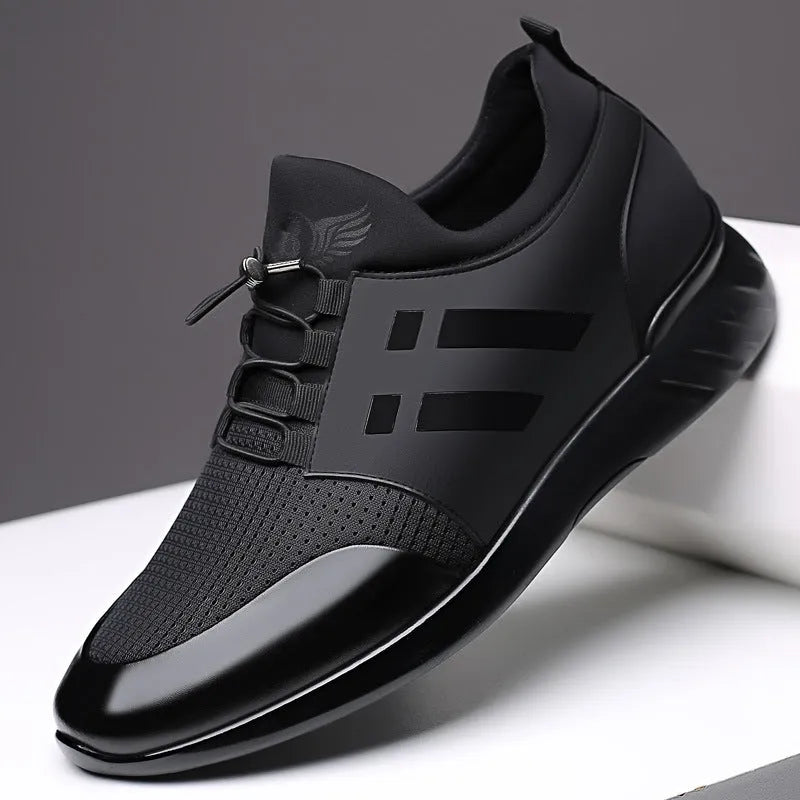 Men's black casual height increasing shoes with chunky rubber sole, shown in leather, Lycra, and mesh upper options.
