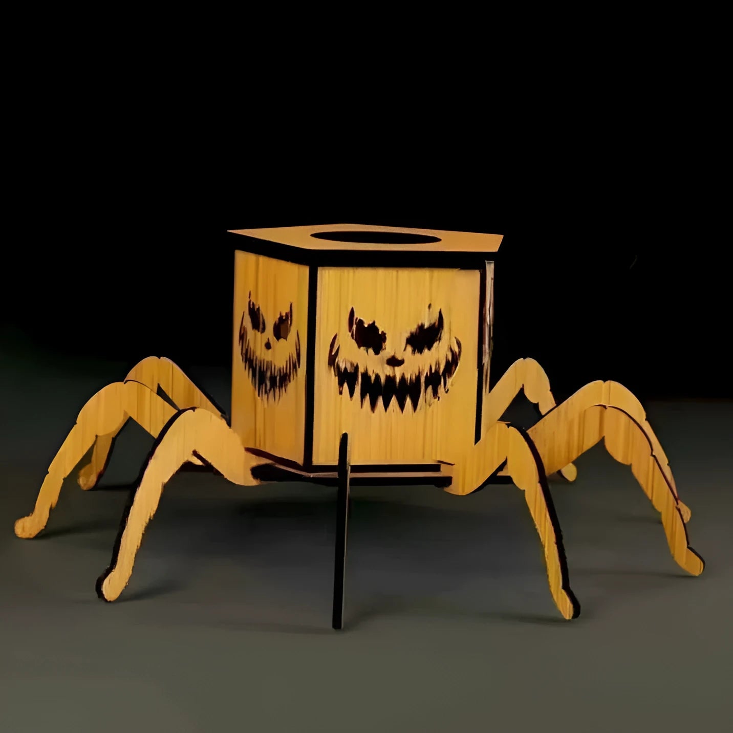 Wooden spider-themed lantern candlestick Halloween decoration measuring 21cm tall