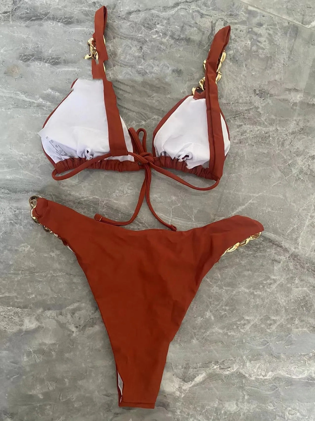 Brown women's push up bikini swimsuit with tube tie rings and split design