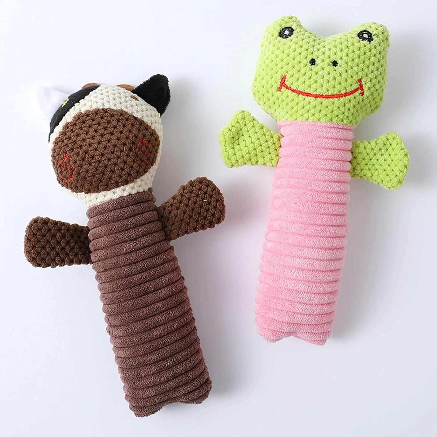 Squeaky dog chew toys in calf, frog and puppy shapes with dental cleaning features