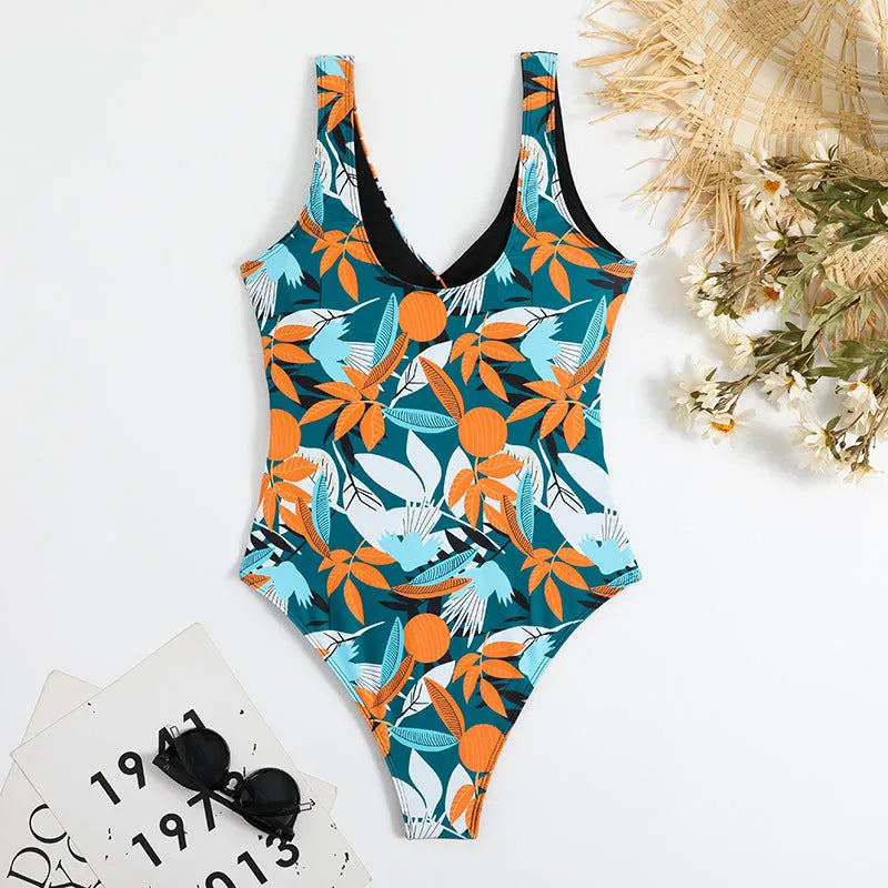 Women's high waist one-piece swimsuit with printed pattern in quick-drying polyester fabric