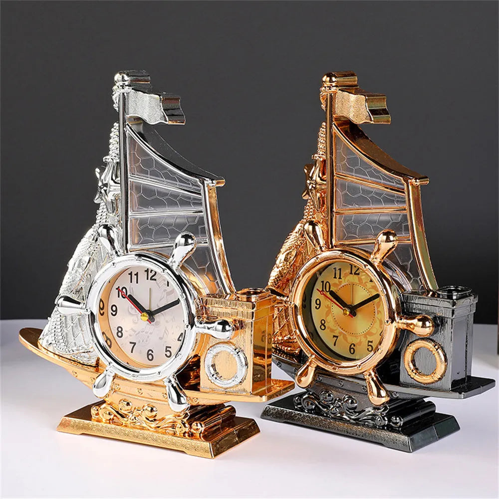 Creative plastic alarm clock in gold or silver finish for bedroom decor.
