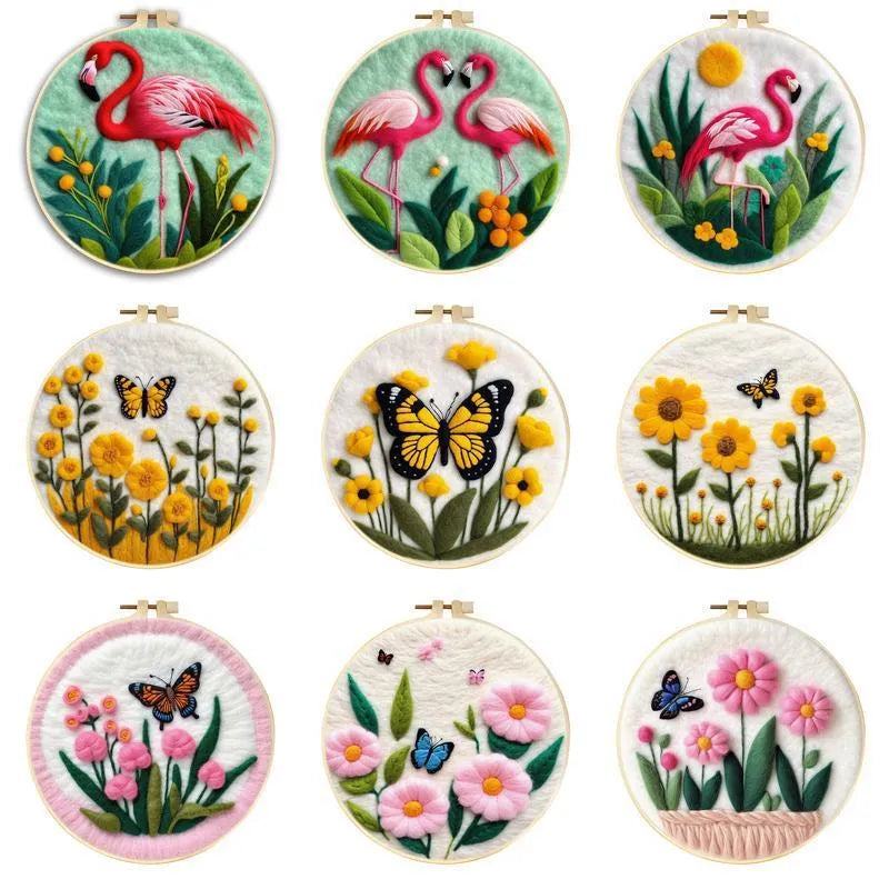 Round linen fabric embroidery kit with wool felt pieces for making a three-dimensional floral blanket painting, includes a free frame.