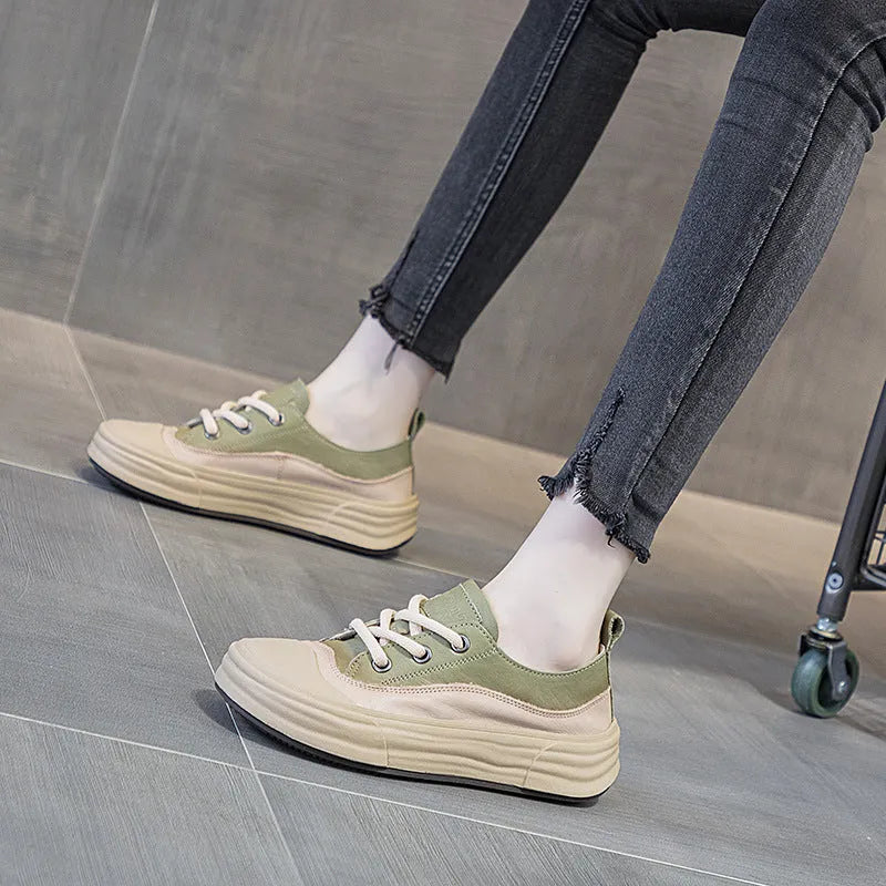 Women's leather platform sneakers in matcha green, orange, and purple colours showing round toe and lace-up design