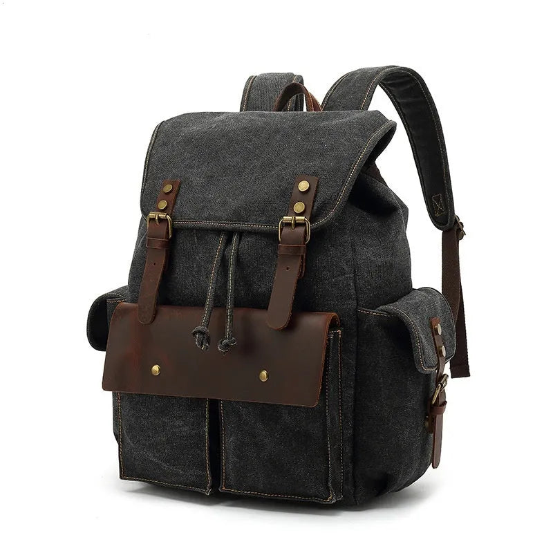 Retro canvas backpack in army green with antique bronze hardware and 16-inch laptop compartment