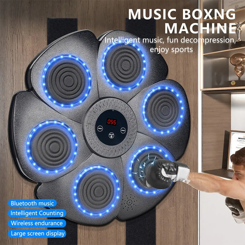 Black smart boxing target with LED lights and Bluetooth connectivity including half-finger gloves