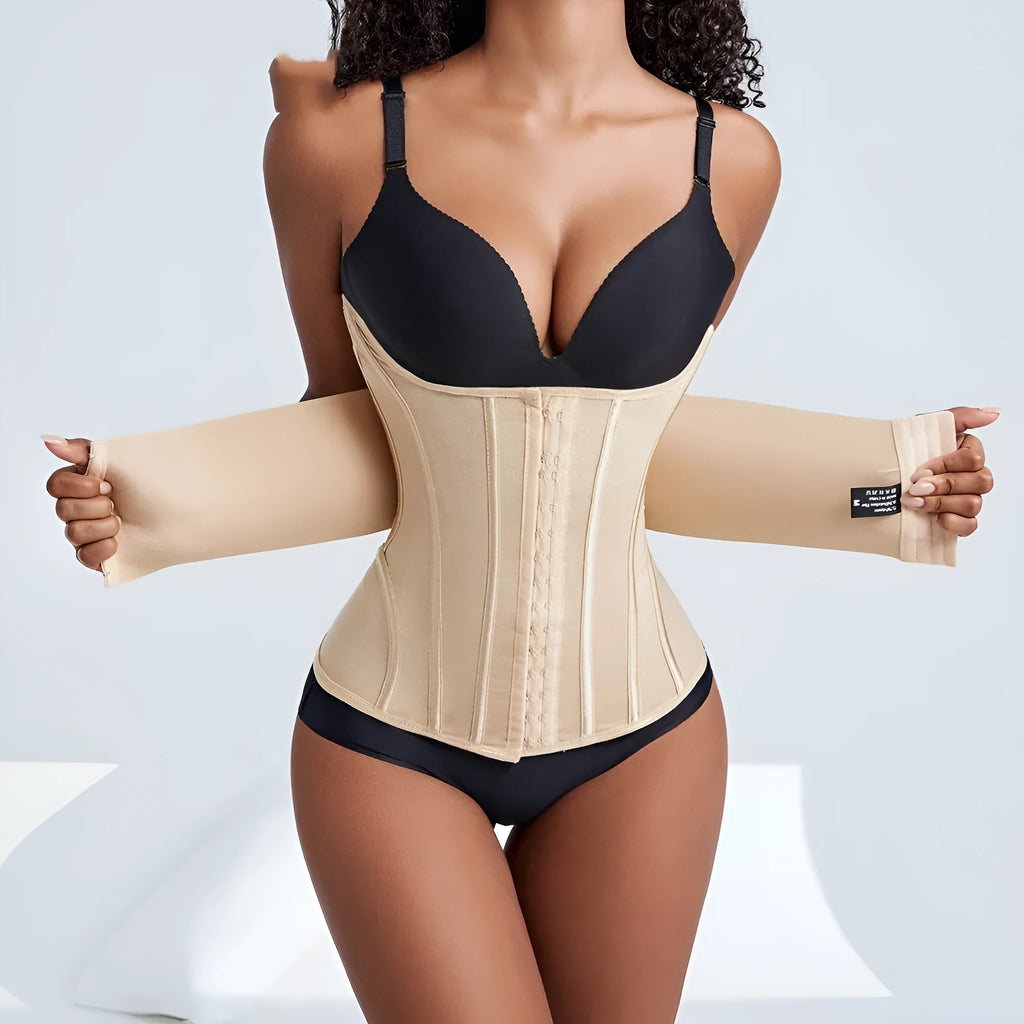 Nylon belly band waist trainer in black colour with adjustable belt tie closure