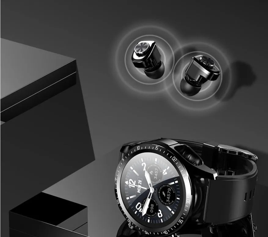Black smart watch with silicone strap displaying blood pressure and oxygen data on its 1.28-inch colour screen.